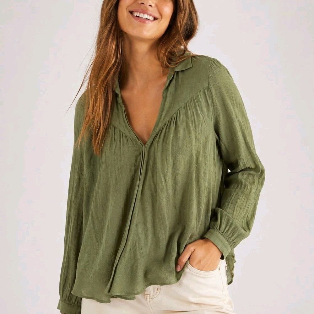 Free People Womens Blouse M Olive Green Long Sleeve Drapey Button Front Boho